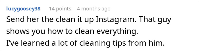 A comment giving cleaning advice for a filthy boyfriend issue, suggesting Instagram tips.