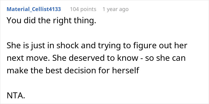 Comment supporting a nanny's decision to inform her boss about her husband's infidelity.