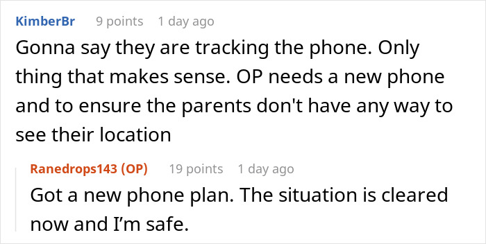 Comments discussing how parents might be tracking a phone, suggesting a new phone plan to ensure safety.