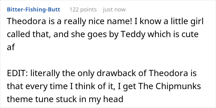 Comment discussing the name Theodora and mentioning a catchy theme tune.