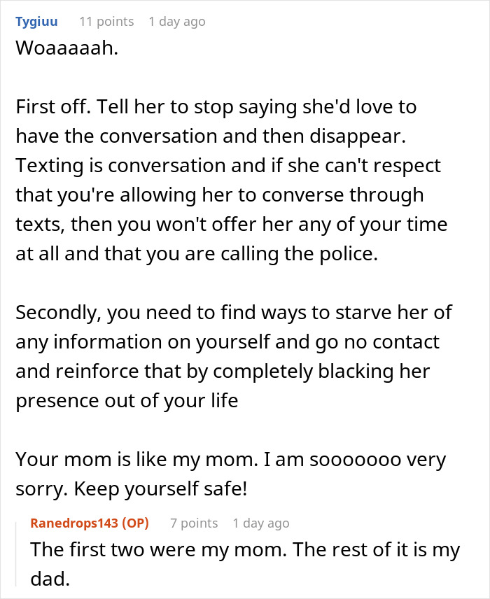 Reddit comments discussing personal experiences and advice on dealing with similar situations.