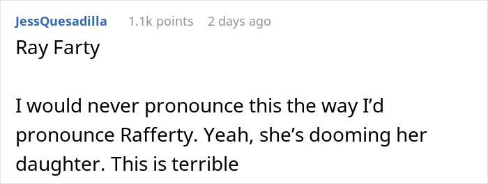 Reddit comment calling out a child's name choice as problematic, emphasizing potential bullying issues.