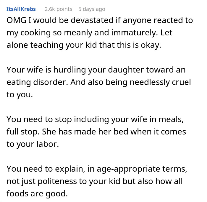 Reddit comment discussing a wife's harsh food criticisms and its impact on family dynamics.