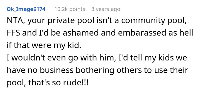 Text screenshot about kids using a private pool without permission.