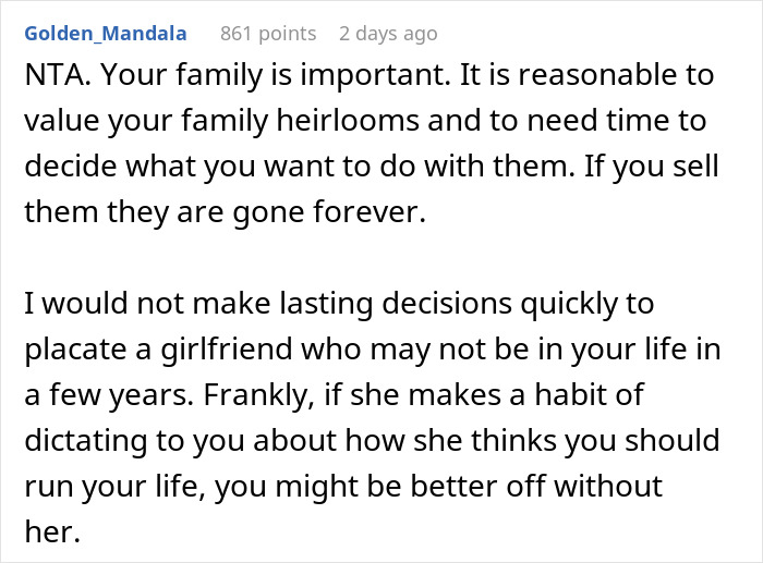 GF Insists Lady Sell Her Family Heirlooms ASAP As They Are Immoral To Keep, But She’s Hesitant