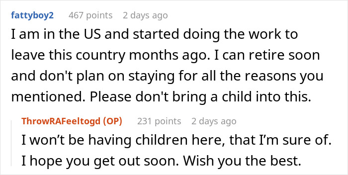 Reddit conversation about not having children in the US, mentioning plans to leave the country.