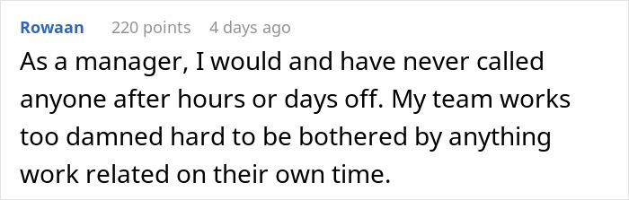 Text comment about respecting days off, emphasizing no work calls after hours.