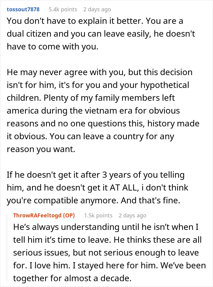 Comments discussing a woman's ultimatum to her husband about starting a family and leaving the country.