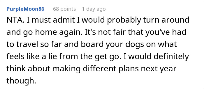 Reddit user comment discussing fairness of travel and holiday plans.