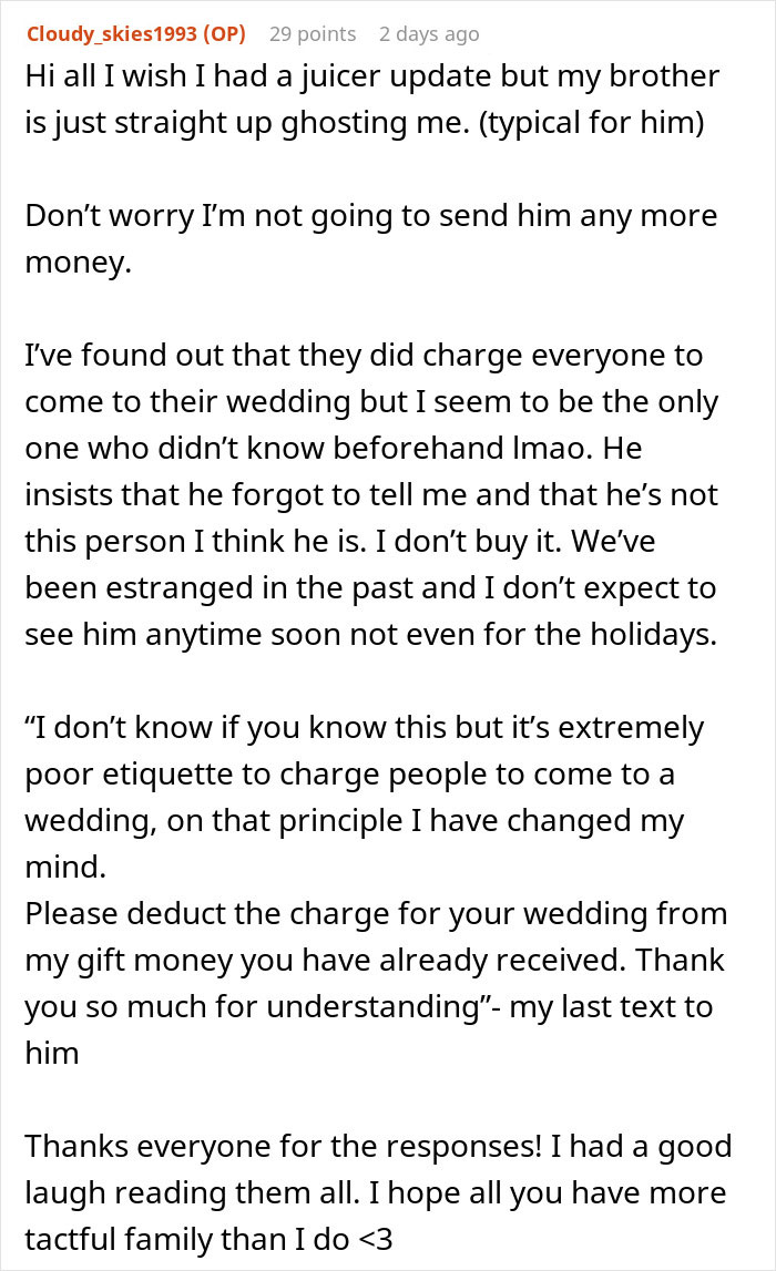 “Thought You Knew”: Person Surprised By Brother Suddenly Setting A Price To Attend His Wedding