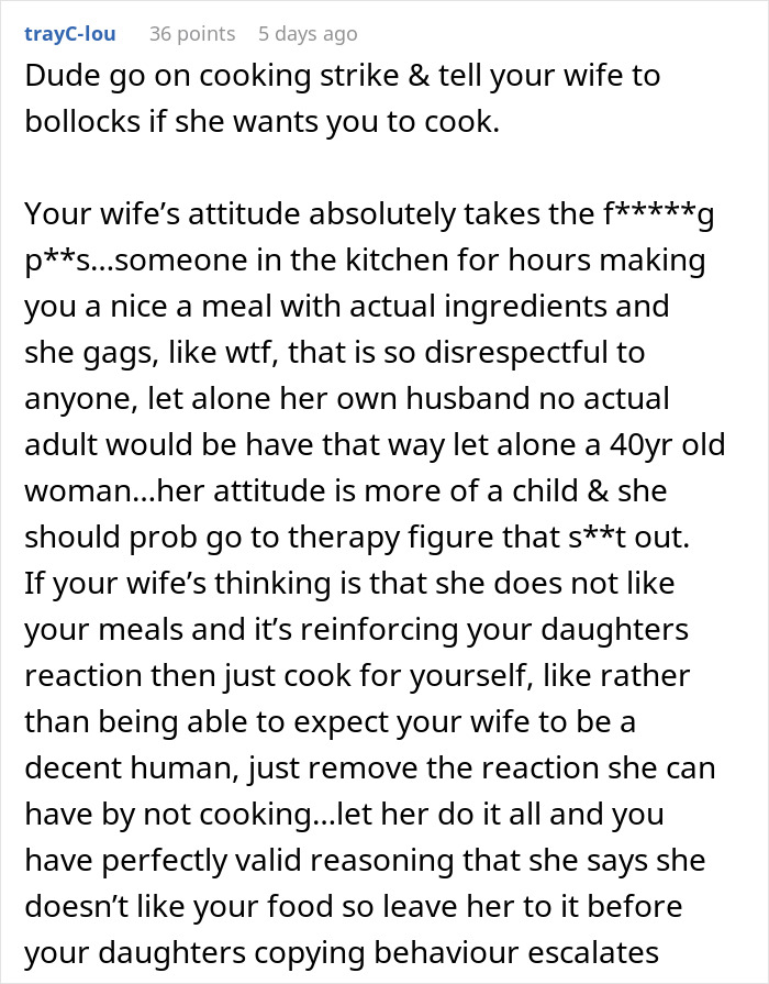 Comment about wife's food complaints and advice to go on a cooking strike.