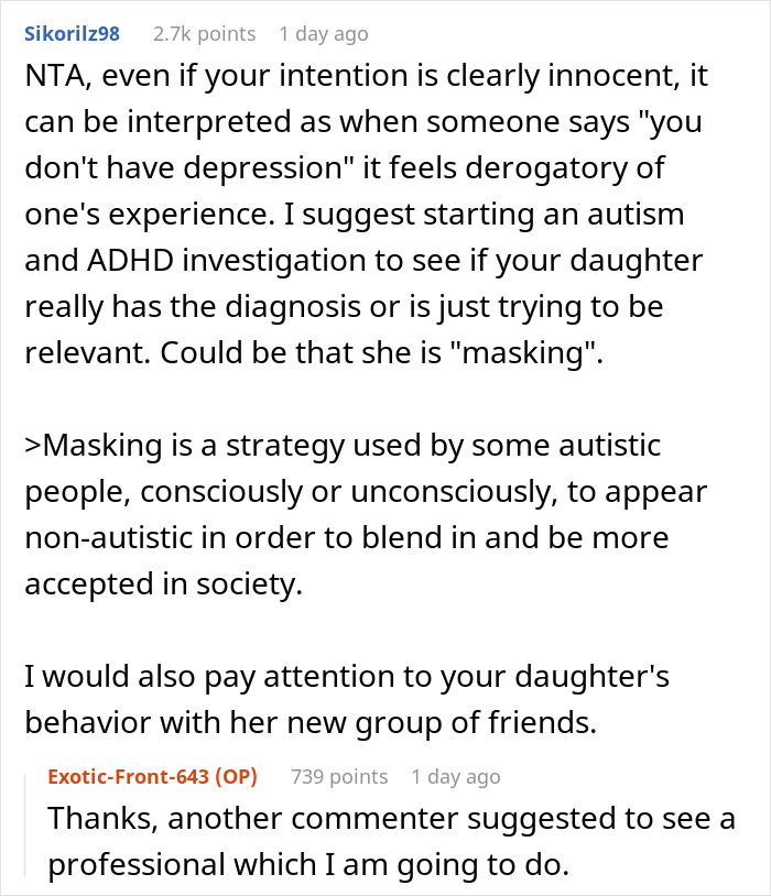 Parent Seeks Advice After Calling Out Daughter In Front Of Her Friends That She Doesn't Have Autism