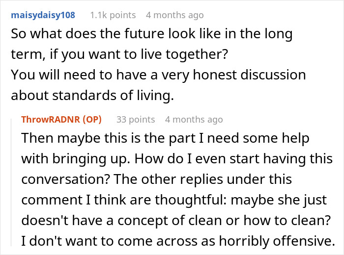 Comments discussing how to tell a girlfriend about standards of living.