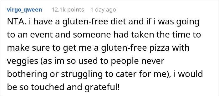 Comment discussing a gluten-free diet and expressing gratitude for considerate catering at events.