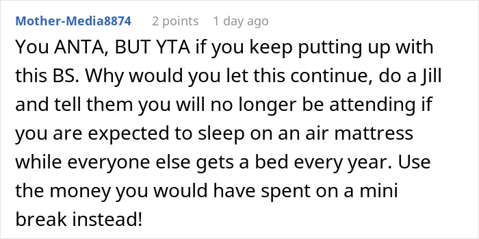 Comment discussing being on air mattress during family holidays, suggesting to take a mini break instead.