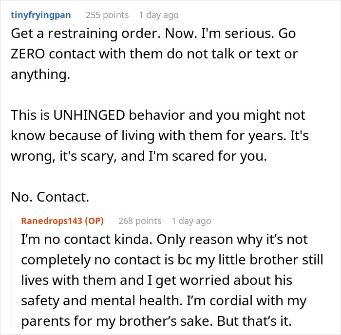 Reddit thread discussing advice on parents stalked date, emphasizing no contact and restraining order suggestions.