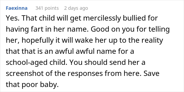 Comment discussing child bullying over unusual name choice.