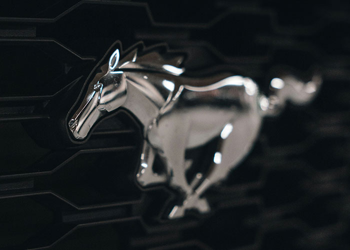 Close-up of a metallic horse emblem on a car grille, symbolizing intuition.