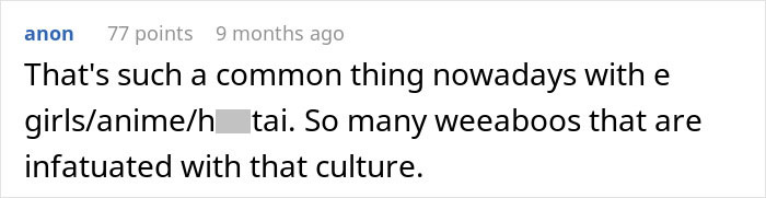 Text from a comment discussing the fascination with anime and Japanese culture.