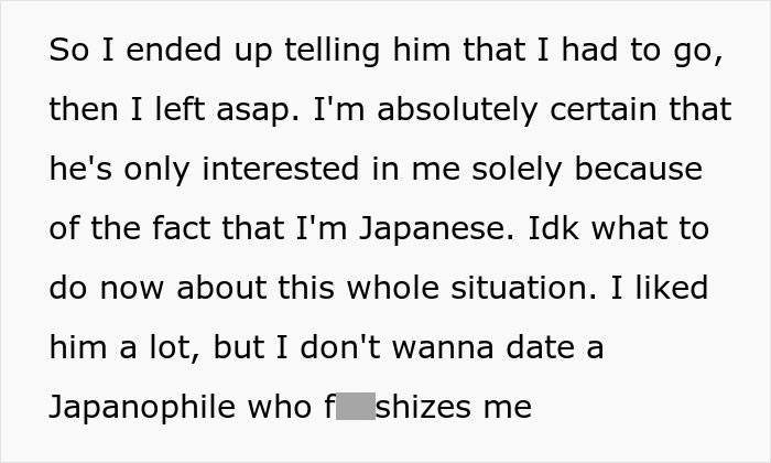 Text about a woman's experience leaving a date due to excessive Japanese culture decoration.