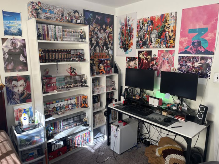 Room filled with Japanese culture decor, manga shelves, and anime posters.