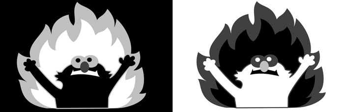 Black-and-white graphic of the Elmo fire meme with Elmo raising arms in flames. Left version has a black background; right version has a white background.