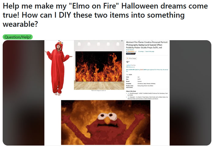 A DIY request showing an Elmo costume and a fiery background, asking for help to recreate the "Elmo fire meme" for a Halloween outfit.