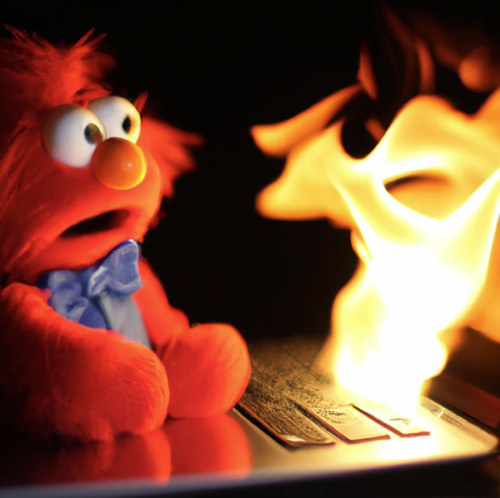 An Elmo fire meme showing a toy Elmo with a shocked expression, sitting near intense flames in the dark, as if witnessing chaos unfold.