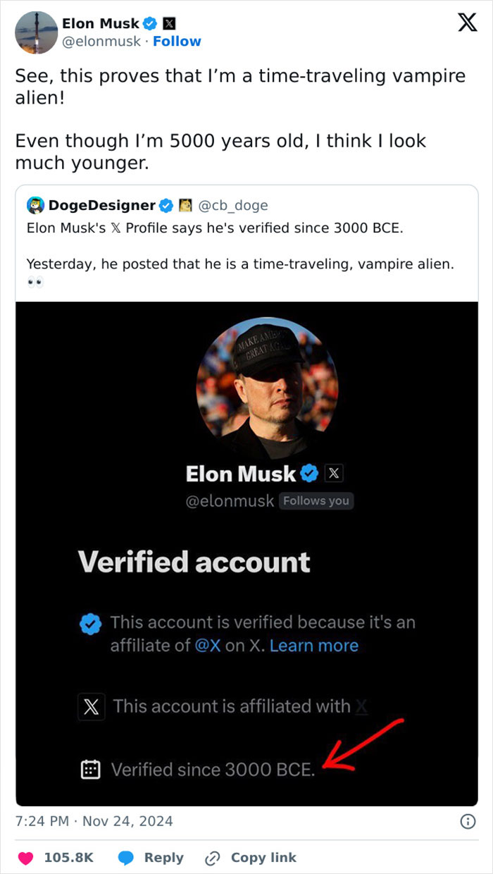 Elon Musk Stuns Fans With Wild Claim He's "3,000 Year Old Time-Travelling Alien" With Weird Photo