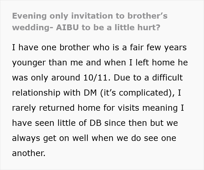 “I’d Be Hurt Too”: Woman Seeks Advice After Getting Evening-Only Invitation To Brother’s Wedding