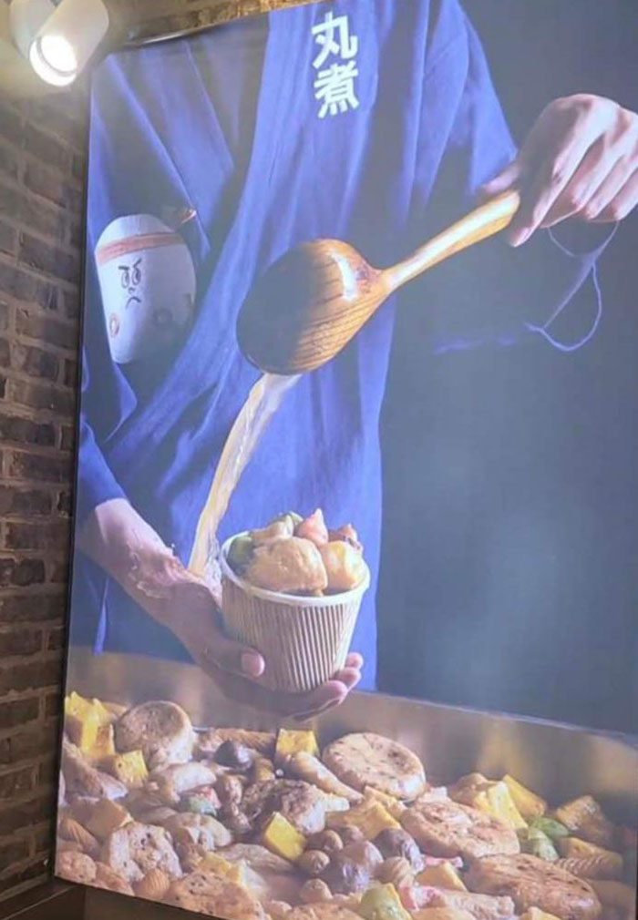 Chef pouring soup over food with a face on the sleeve, highlighting funny ad fails.