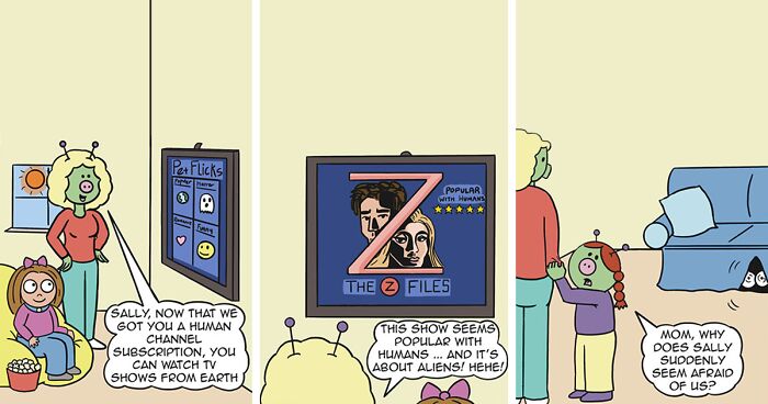 Artist Creates 20 Comics Featuring A Human Character Living With Her Alien Family