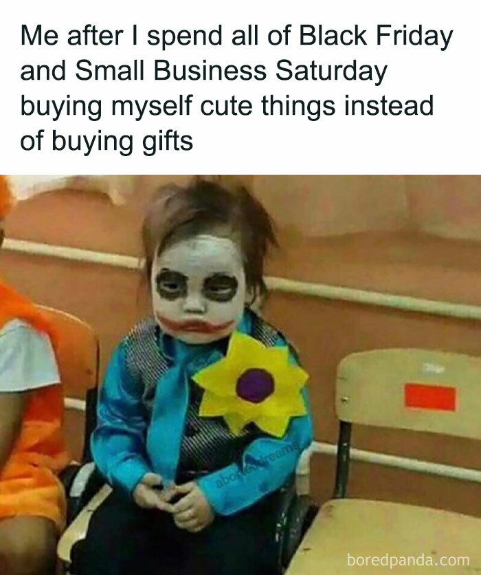 Child dressed as a clown sits in a chair, looking bored. Caption refers to Black Friday shopping choices.