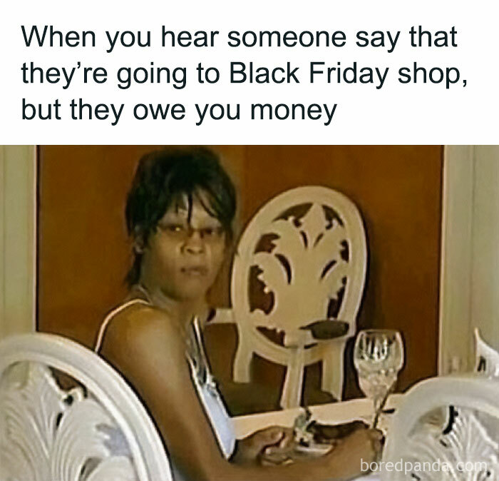 Person looking surprised at a dining table, captioned about Black Friday shopping and owing money.