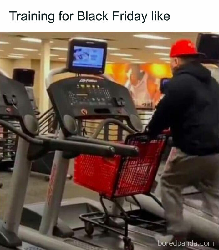 Person pushing a shopping cart on a treadmill, humorously training for Black Friday sales.