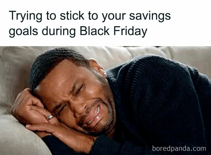 Man crying humorously, representing the struggle to save money during Black Friday. Funny Black Friday meme.