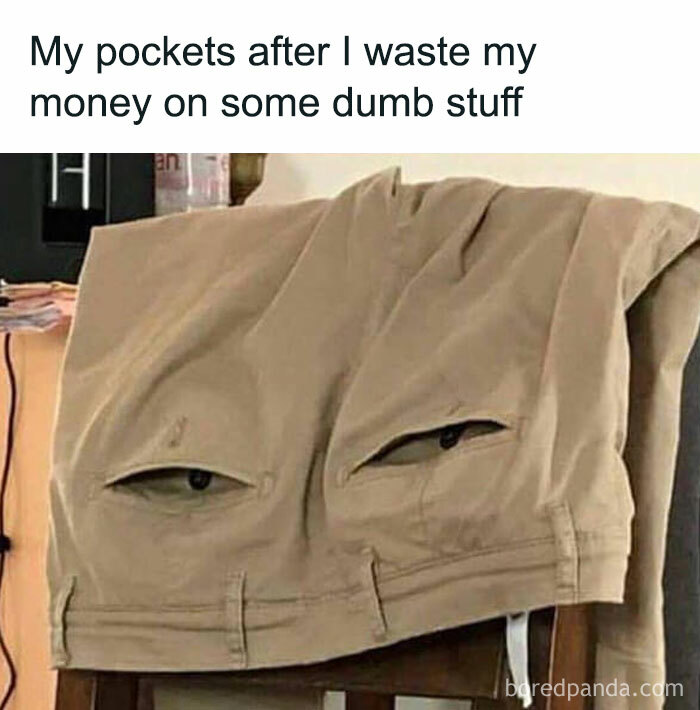 Empty khaki pants pockets resembling a sad face, mocking overspending on Black Friday.