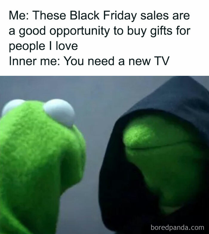 Two Kermit the Frog characters, one in a hood, debating impulsive Black Friday shopping decisions.