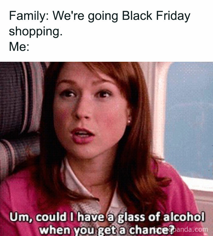 Woman humorously reacting to Black Friday shopping plans, expressing need for a drink.