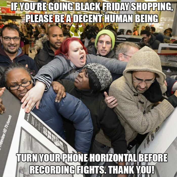 Chaotic Black Friday meme with people crowded in a store.