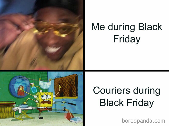 Blurred person and frantic SpongeBob illustrate Funny Black Friday Memes.