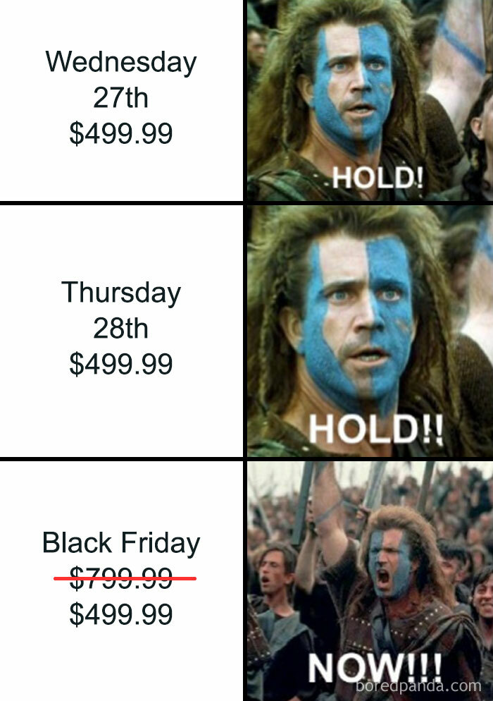 Funny Black Friday meme showing prices unchanged until Black Friday, when excitement peaks.