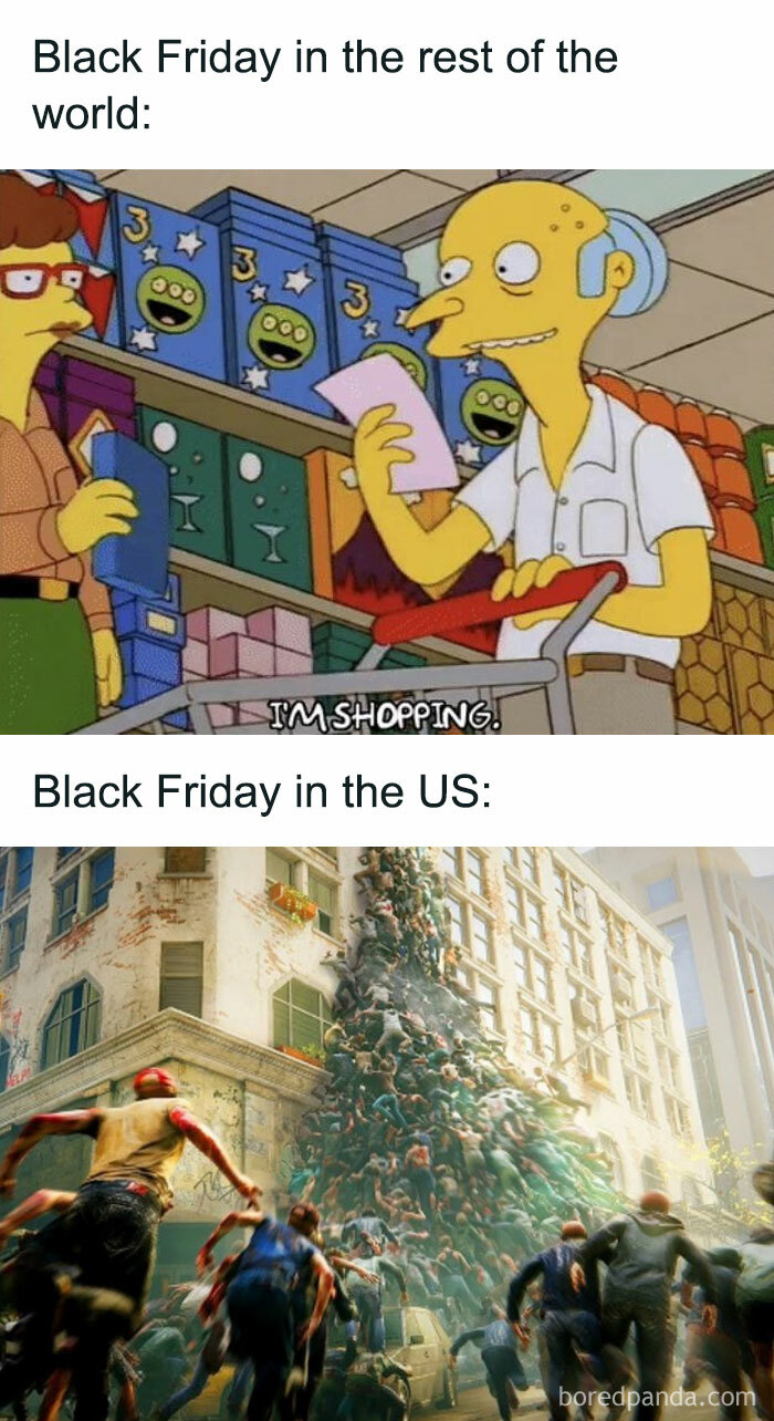 Funny Black Friday meme contrasting calm shopping with chaotic crowd.