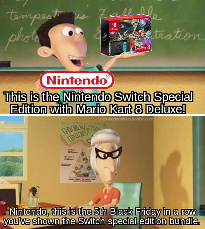 Funny Black Friday meme featuring Nintendo Switch and characters in a classroom setting.