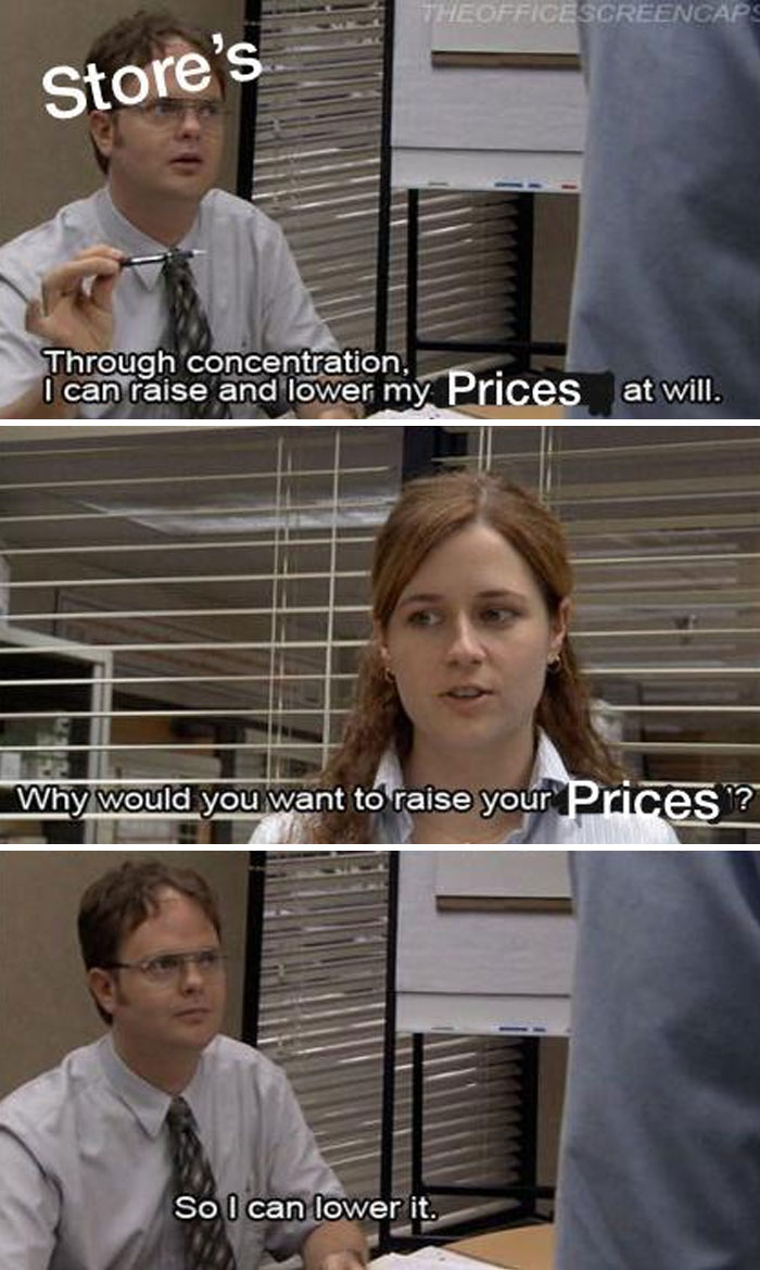 Characters discussing price changes, with a comical twist on Black Friday sales strategy.