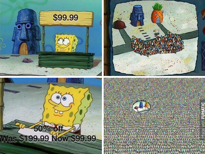 SpongeBob at a counter with a $99.99 sign, attracting a massive crowd for a Black Friday sale.