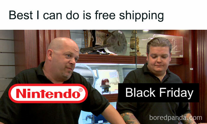 Black Friday meme with two men in a store, text says "Best I can do is free shipping," featuring Nintendo logo.