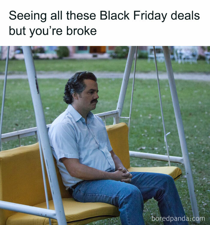 Sitting on a swing, looking dejected about Black Friday sales, humorously reflecting on empty wallets.