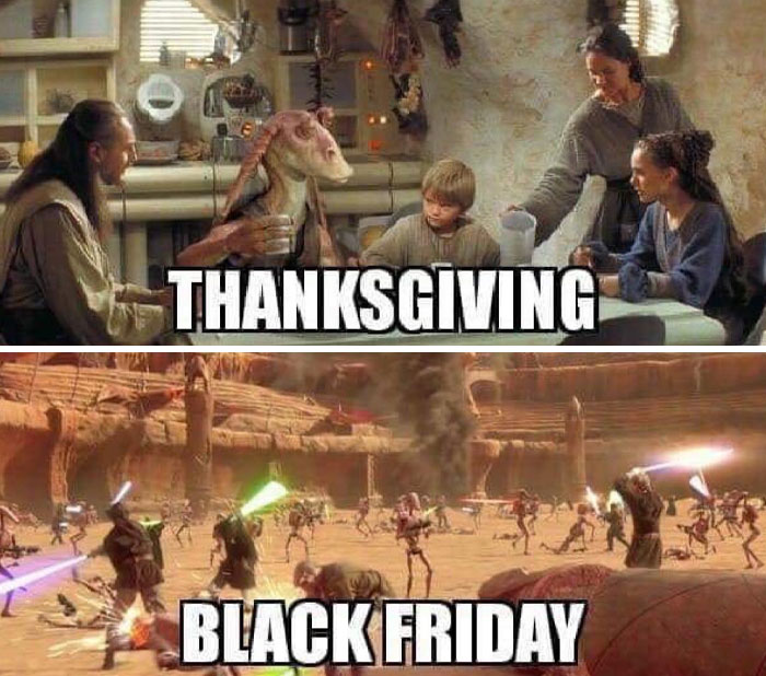 Star Wars style battle humor illustrating Thanksgiving calm vs. funny Black Friday chaos.