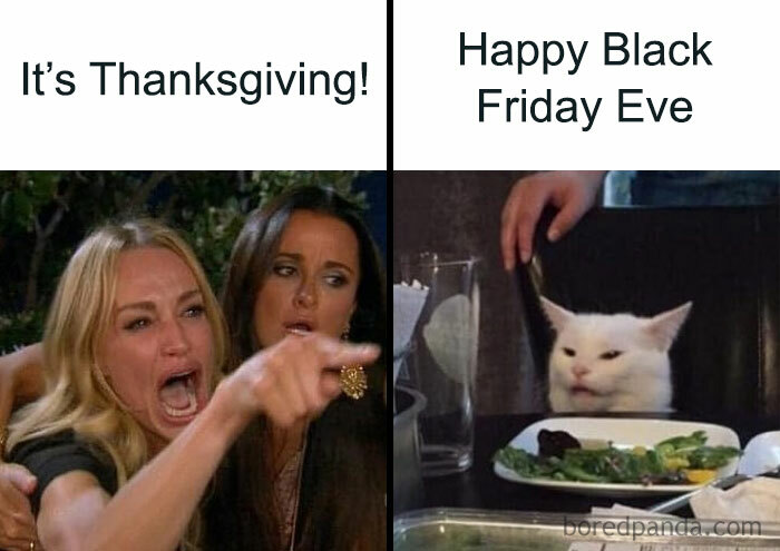 Woman yelling at cat meme with Thanksgiving and Black Friday captions, capturing funny Black Friday meme humor.